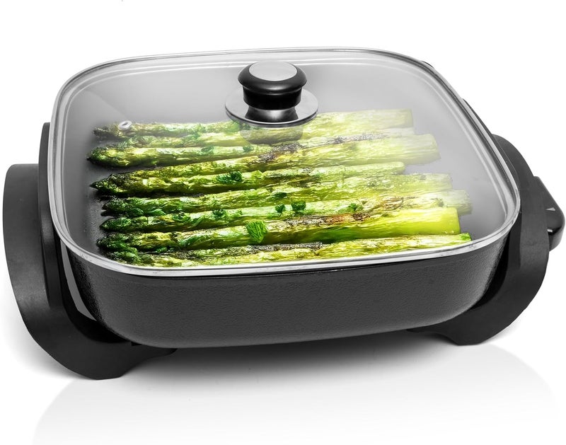 Moss & Stone Square Nonstick Electric Skillet With Lid, Aluminum 12x12 Inch Electric Frying Pan 5Qt, Nonstick Cooking Surface, Adjustable Temperature Control, Vented Glass Lid, Heat-Resistant Handle - Image 1